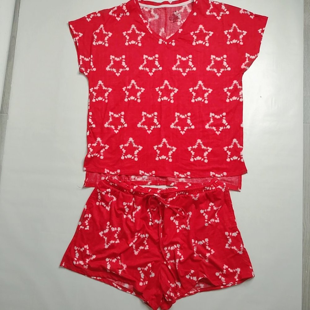 Red White Start Tie Die Pajama Short Set Top L, Bottoms XL Secret Treasures